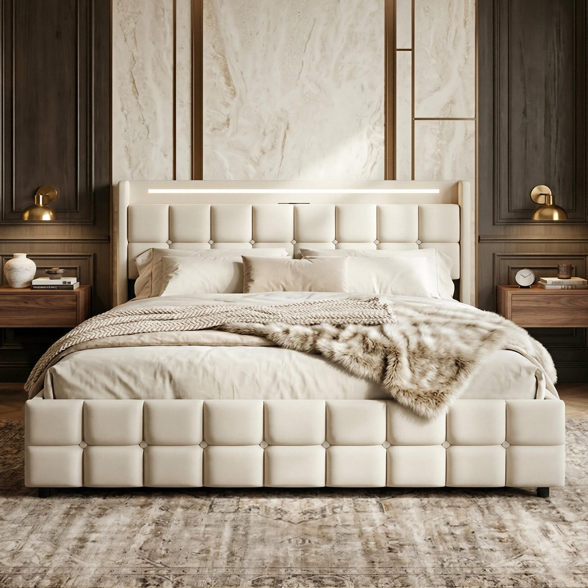 POLSTERBETT Geometrisch 180/200 cm mit 4 Schubladen & LED Leinenoptik Beige - Beige, Textil (180/200cm) - Creahappy