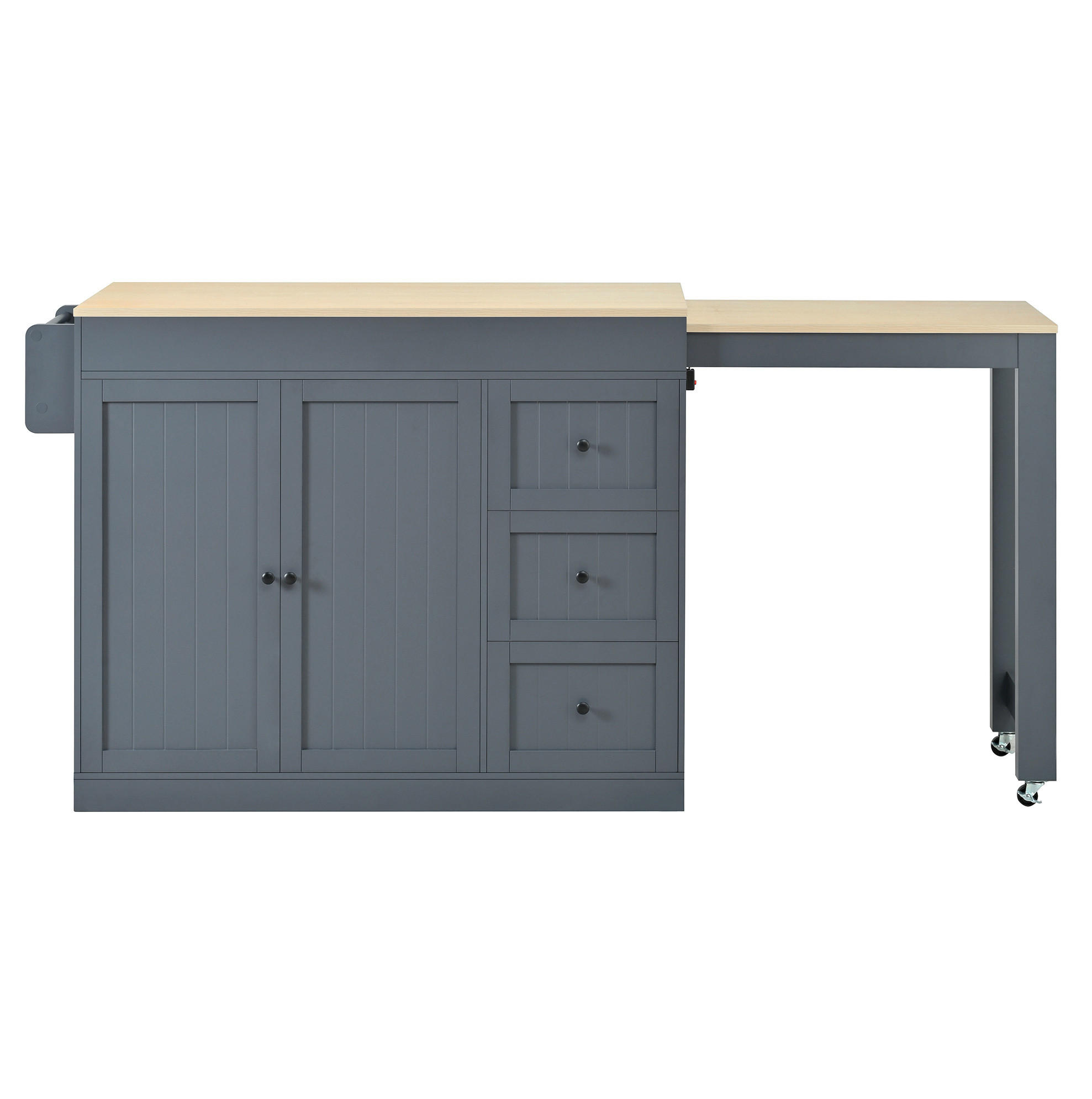 KÜCHENINSEL aus MDF 130x45x93 cm Grau mit ausziehbarer Arbeitsplatte, Rollen, 3 Schubladen und Gewürzregal - Grau, Holzwerkstoff (130/93/45cm) - Modfu