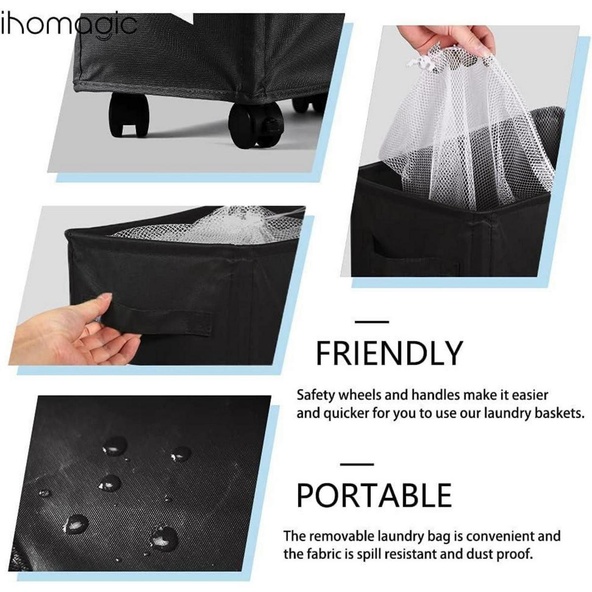 WÄSCHEKORB mit Rollen 62L Schwarz - Schwarz, Textil (22/70/41.9cm)