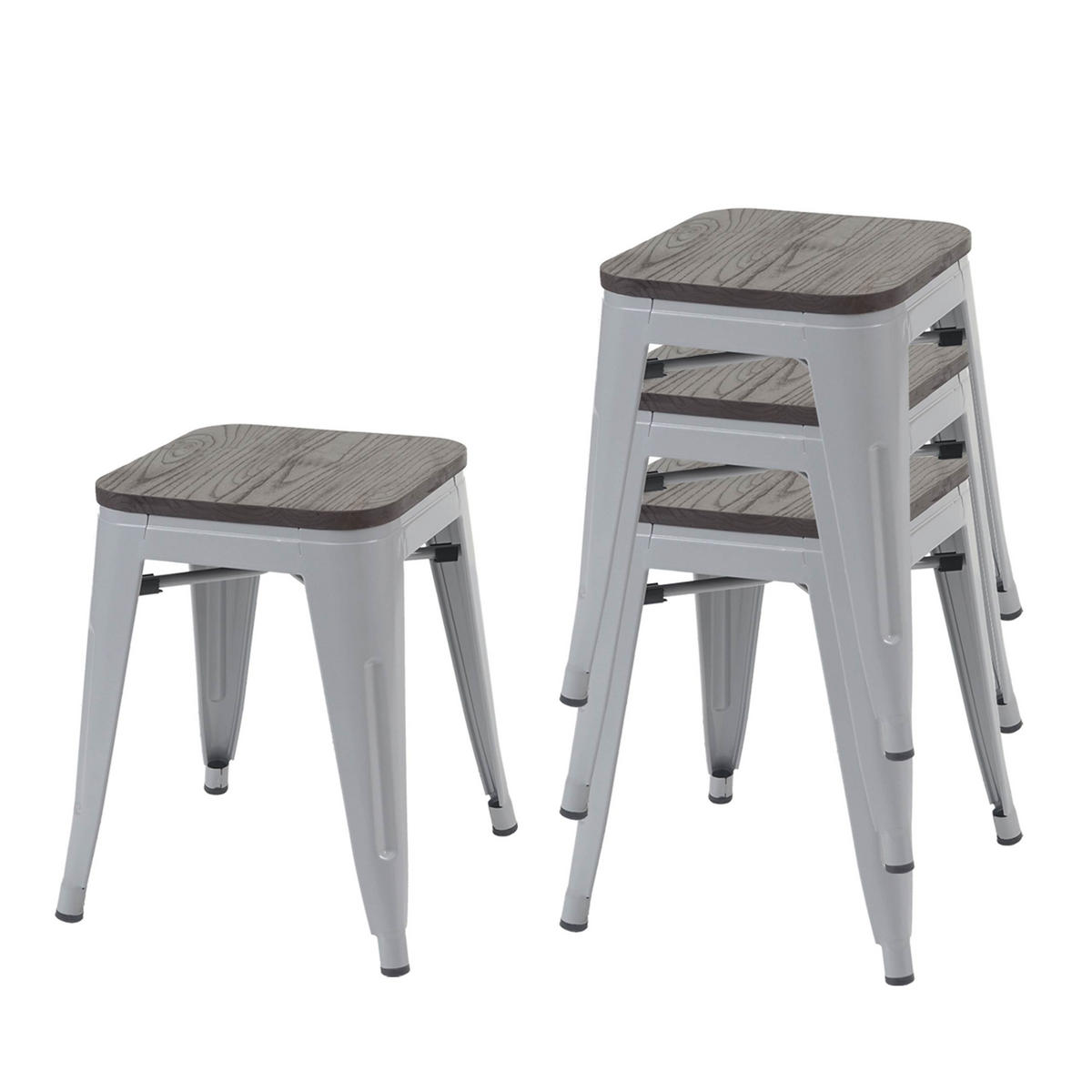 HOCKER 4er-Set inkl. Holz-Sitzfläche Metall, Industriedesign, stapelbar Grau - Grau, Holz/Metall (39/45.5/39cm) - PROREGAL