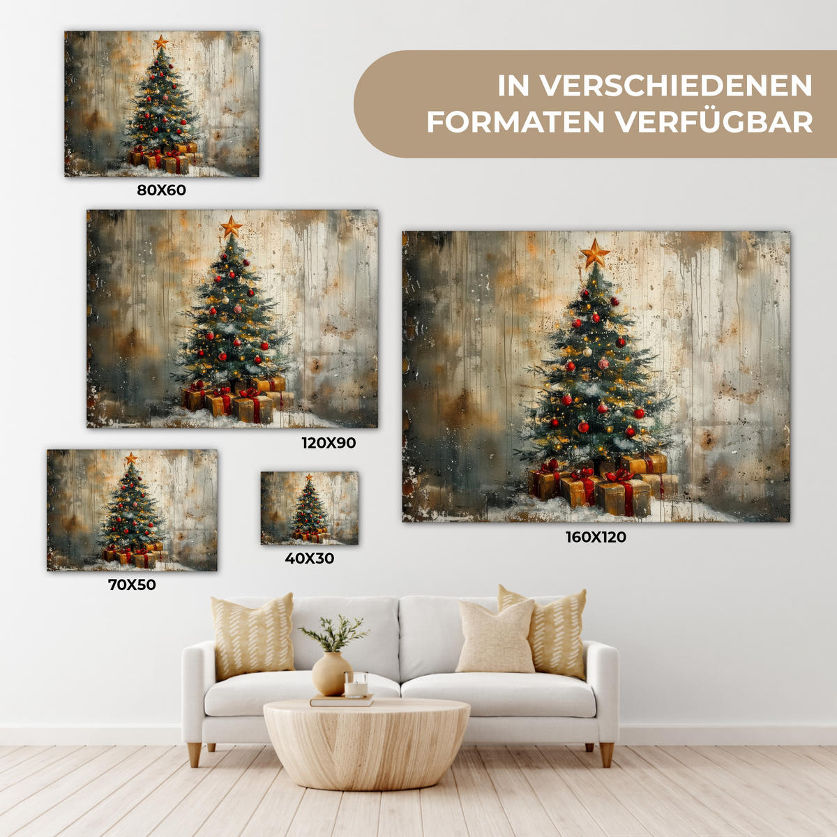 LEINWANDBILD Weihnachtsbaum - Vintage - Weihnachten - Geschenk Wandbilder 80x60 cm - Rostfarben, Textil (80/60cm) - MuchoWow