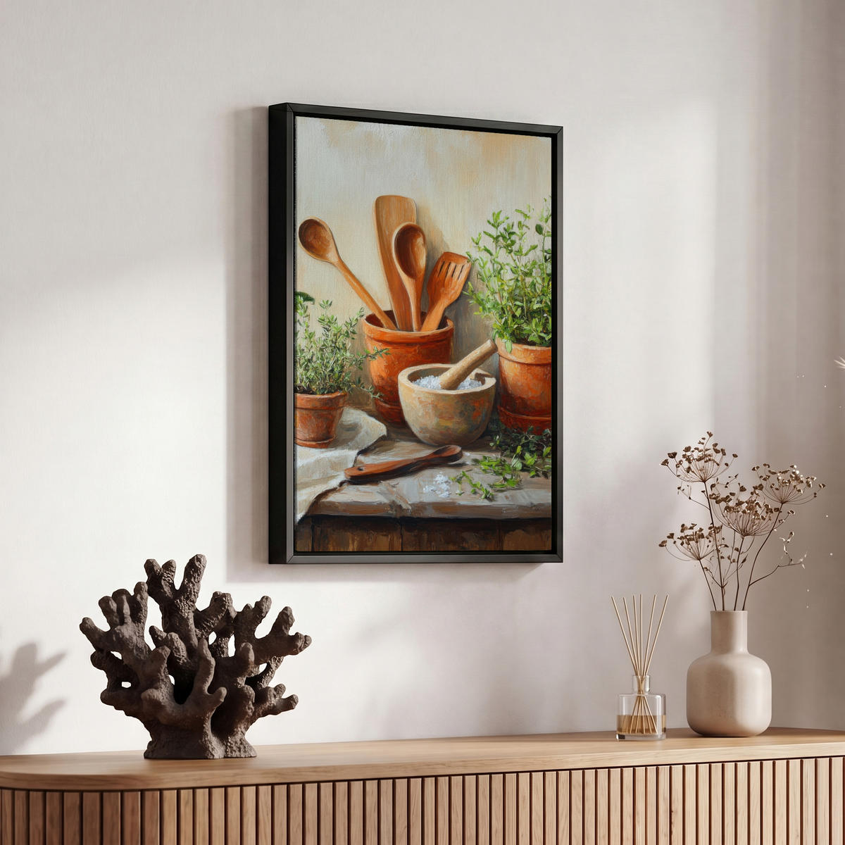 LEINWAND Bilder mit Rahmen - Töpfe - Kräuter - Holz - 20x30 - Terracotta, Textil (20/30cm) - MuchoWow
