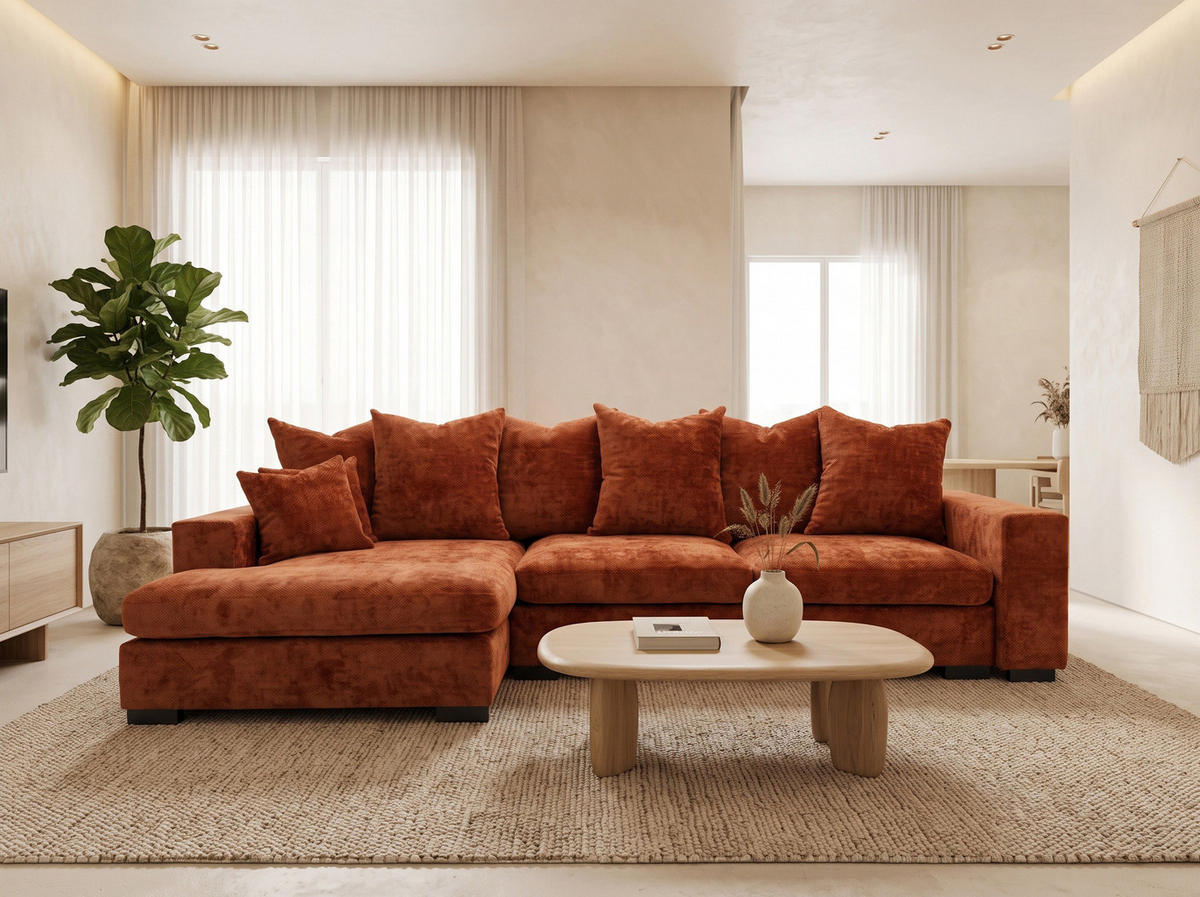 ECKSOFA Dahlia mit Schlaffunktion und Bettkasten in L-Form Links - Terrakotta Chenille 285/92/155 cm - Terracotta/Schwarz, Kunststoff/Textil (285/155cm) - WFL GROUP
