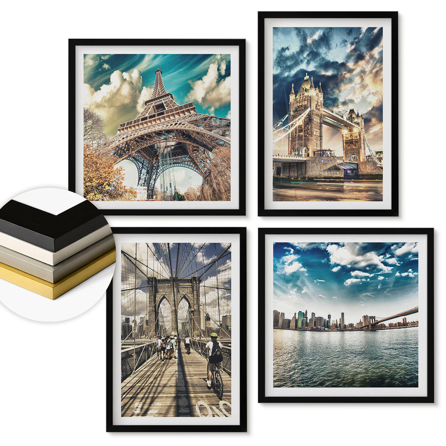 WANDBILDER 4er-Set - 50x50 cm & 40x60 cm Schwarzer Rahmen - Turmbrücken in europäischen Städten - Schwarz, Kunststoff (50/50cm) - ArtPrintCave