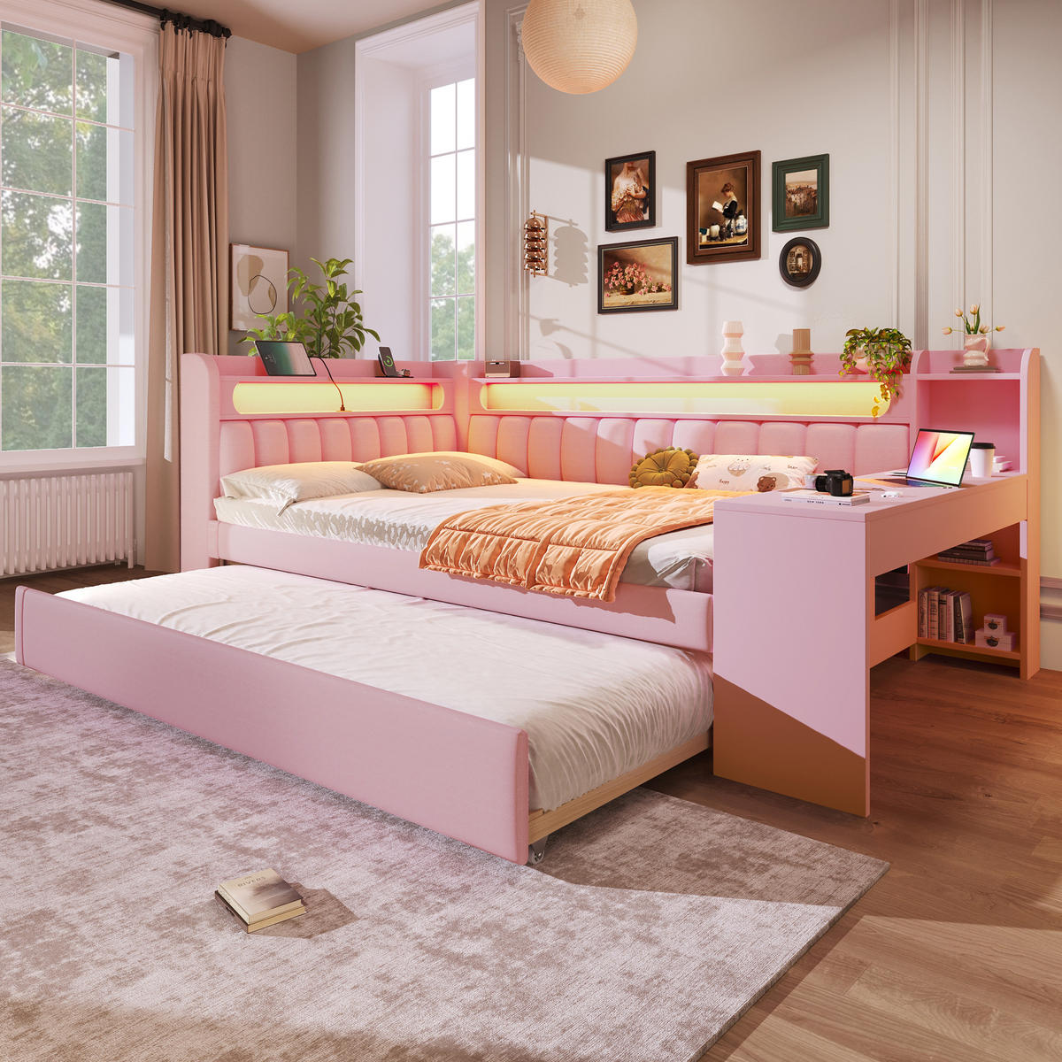 POLSTERBETT 140/200 cm rosa aus MDF mit LED und USB mit Ausziehbett und Schreibtisch - Rosa, Holzwerkstoff (140/200cm) - OKWISH