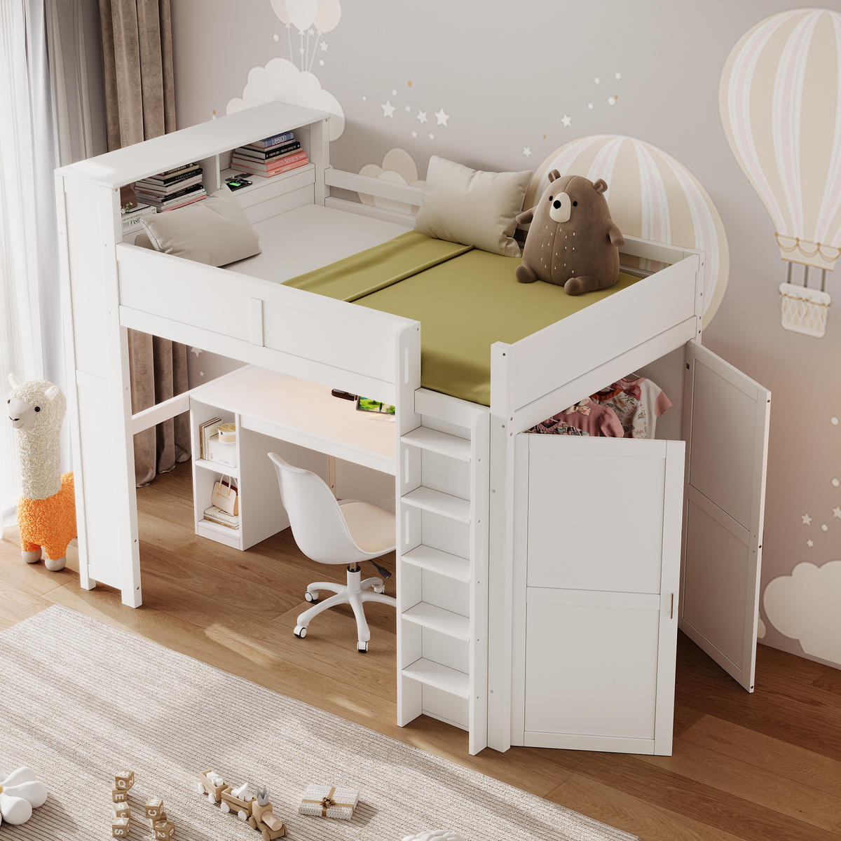 HOCHBETT 90 x 200 cm mit Schreibtisch, Staufächern, Kleiderschrank, USB-Anschluss und LED-Beleuchtung, weiß - Weiß, Holz (90/200cm) - KOMHTOM