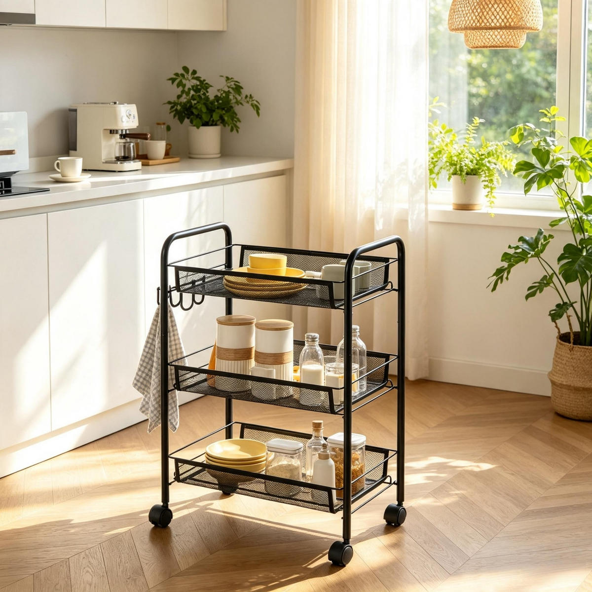 KÜCHENWAGEN Rollwagen Mit Netzkörben,Stahl Schwarz, Für Küche Und Wohnraum - Schwarz, Holzwerkstoff (26.5/63/45cm) - Rolipo