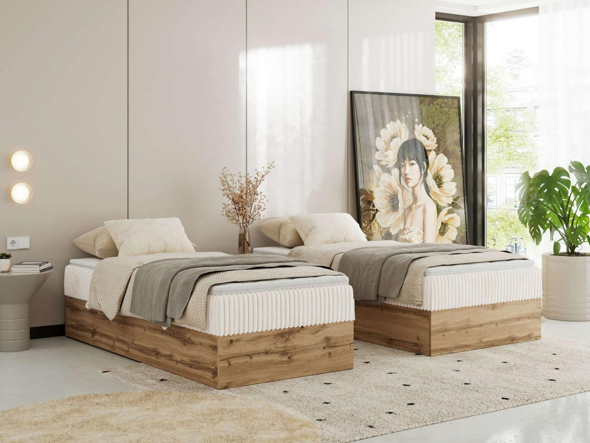 BOXBETT WOOD ZERO 90/200 - Beige Cord - H3 - Topper T25 - Beige, Textil (90/200cm) - MKS