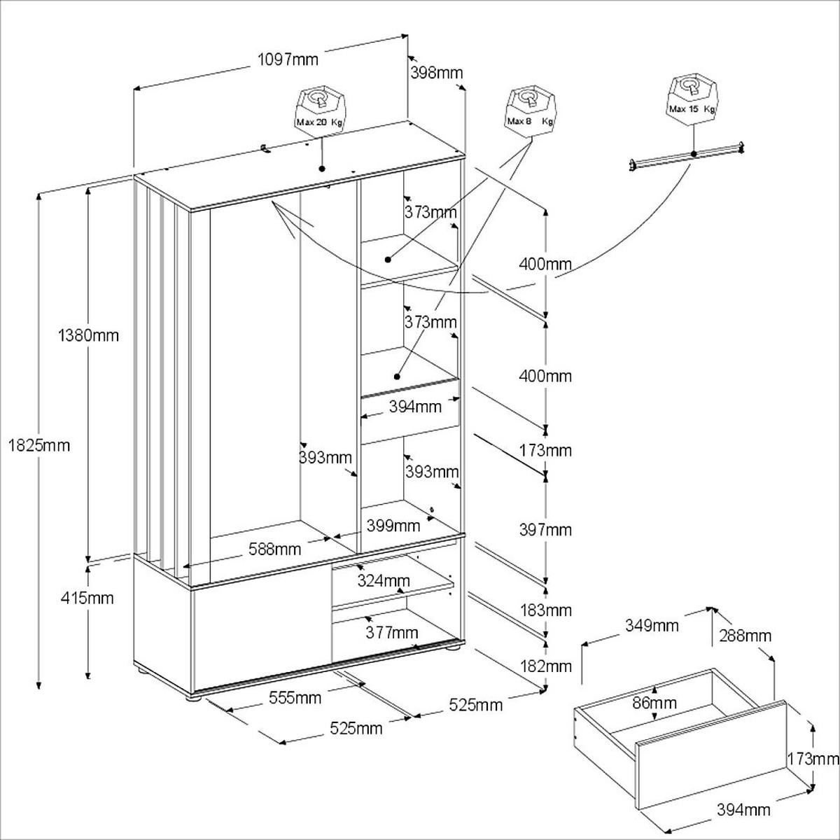 JUGENDZIMMER weiß, Eiche, Komplett-Set 2-teilig mit viel Stauraum - Eichefarben/Silberfarben, Holzwerkstoff/Kunststoff (133/183/209cm) - Parisot Meuble