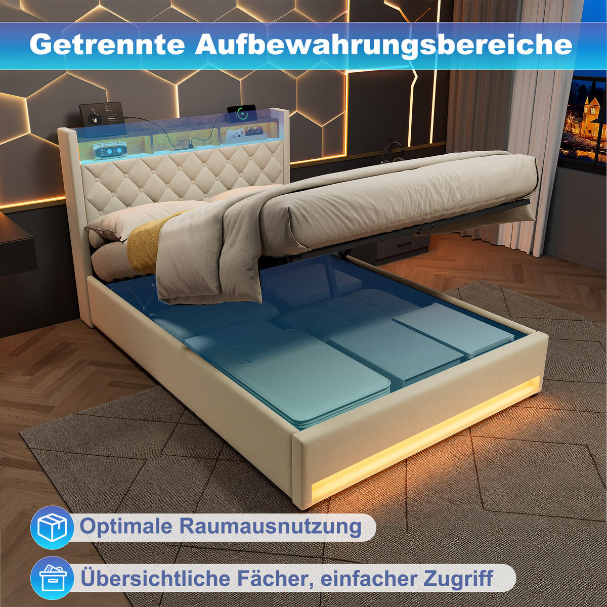 POLSTERBETT 140/200 cm in Beige, Samt, mit Bettkasten, USB, LED, ohne Matratze - Beige, Holzwerkstoff/Textil (140/200cm) - WISHDOR