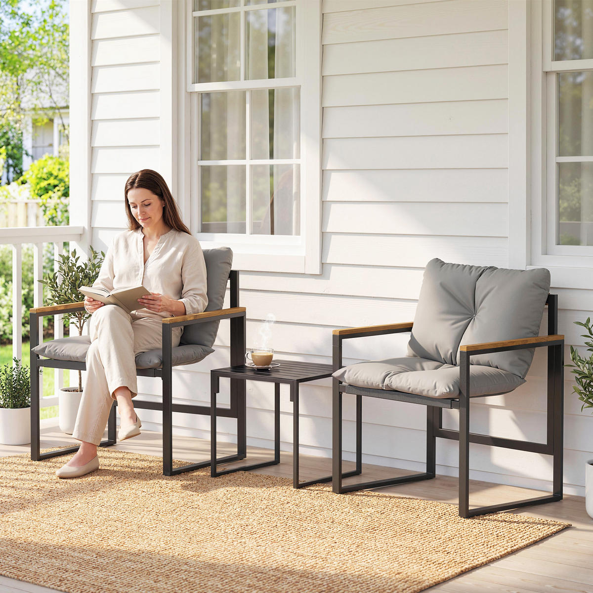 BISTRO-SET Metall Texteline Grau - Schwarz/Grau, Textil/Metall - Outsunny