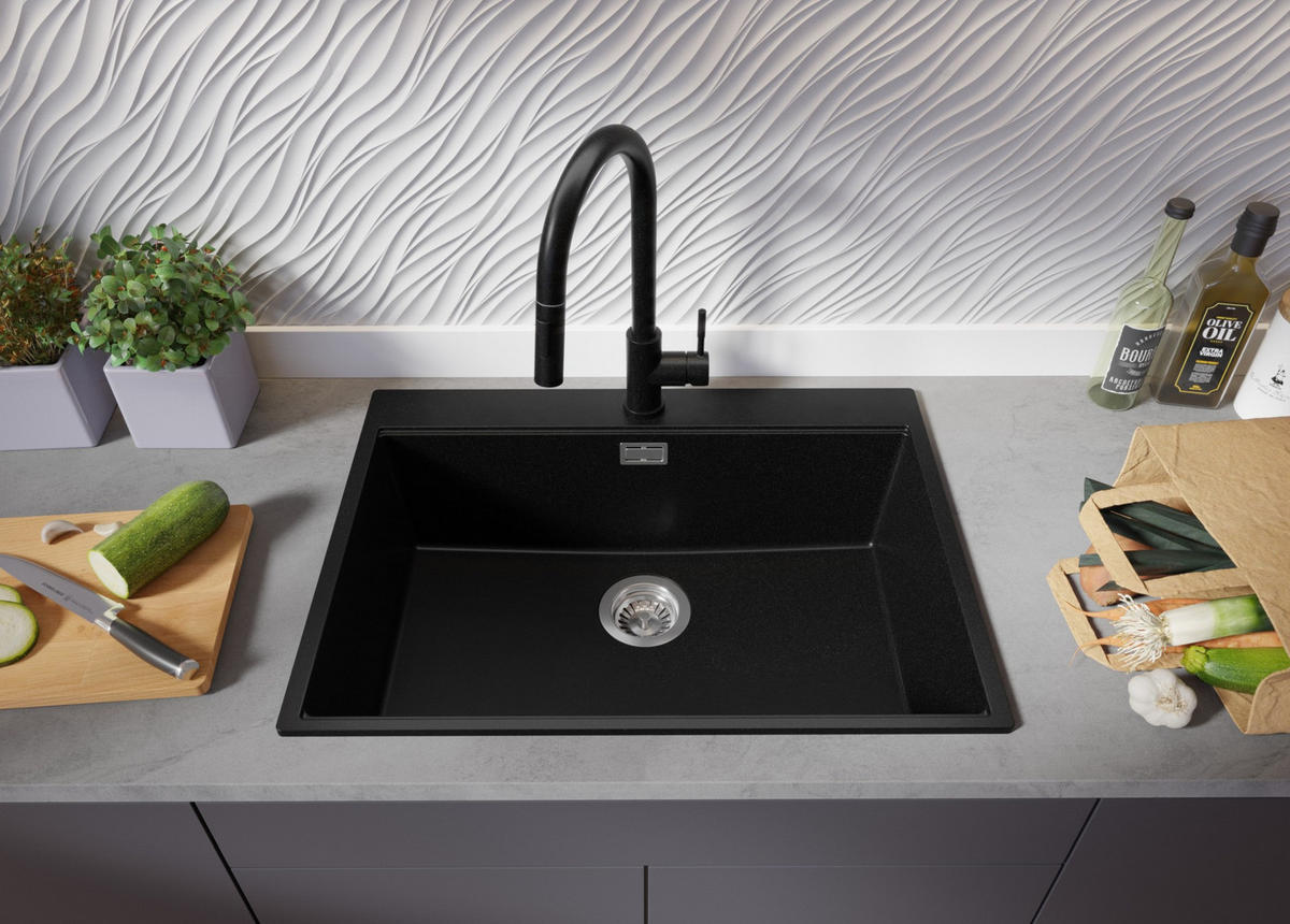 GRANITSPÜLE Oslo, 2-er set Schwarz 68/50 cm 1 Becken + Küchenarmatur 40/38 cm + Ablauf-Set + Schneidebrett ab 70er Unterschrank - Chromfarben/Beige, Kunststoff (68/20/50cm) - Primagran