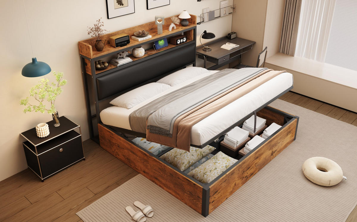 POLSTERBETT 180/200 cm Schwarz aus Metall, Holz und Stoff mit Stauraum und USB - Schwarz, Metall (180/200cm) - OKMYHOME