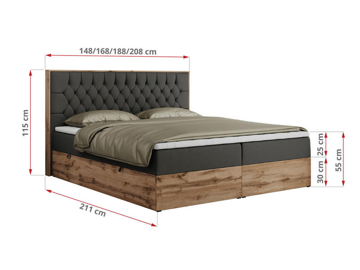 BOXBETT AMORE 160/200 Dunkelgrau Kunstleder - H3 - Dunkelgrau, Holz/Textil (160/200cm) - MKS