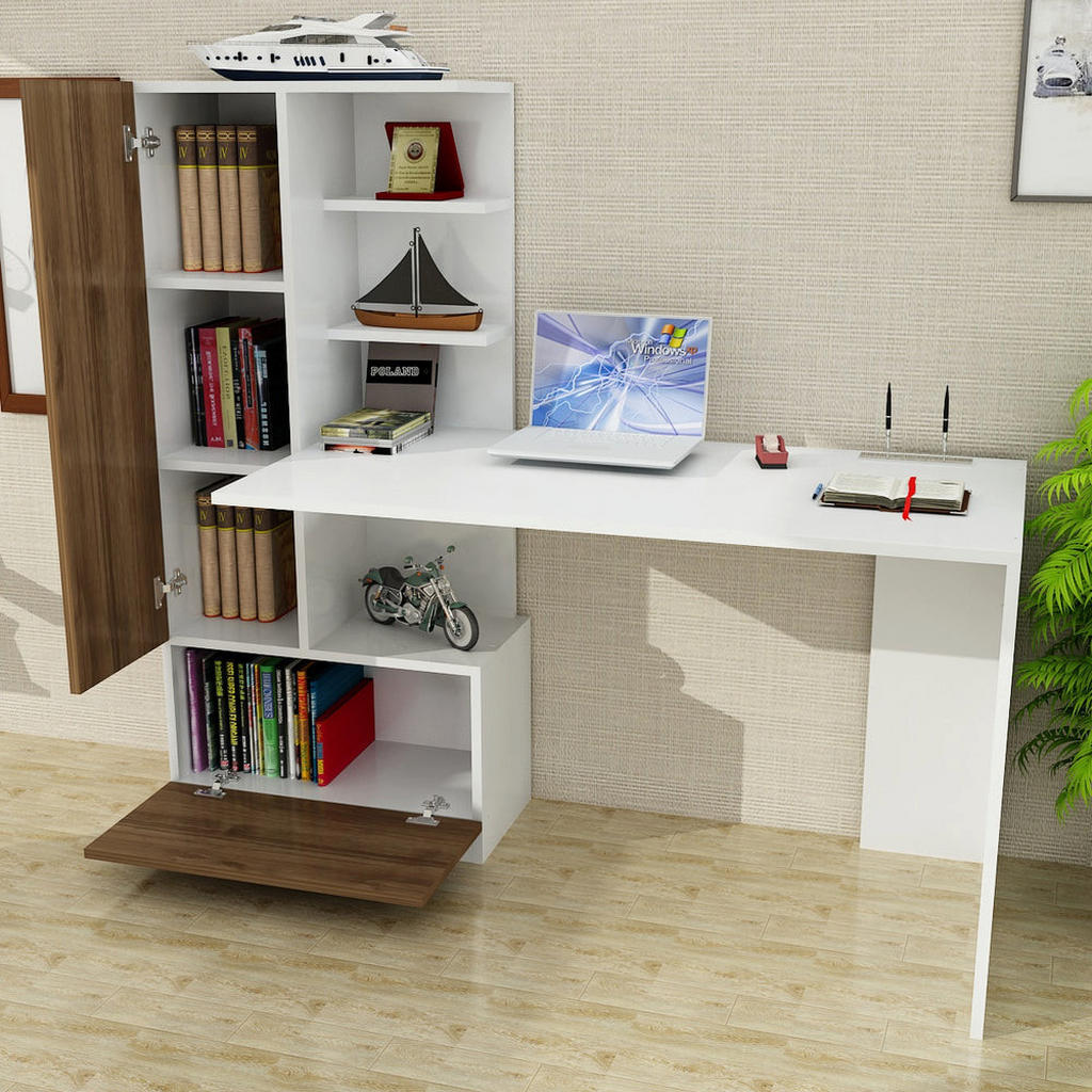 Thumbnail - moebel17 Schreibtisch, Weiß, Walnuss, Holzwerkstoff, Holz Optik, 2 Fächer, Rechteckig,Rechteckig, 149.5x120x61.8 cm, Arb...