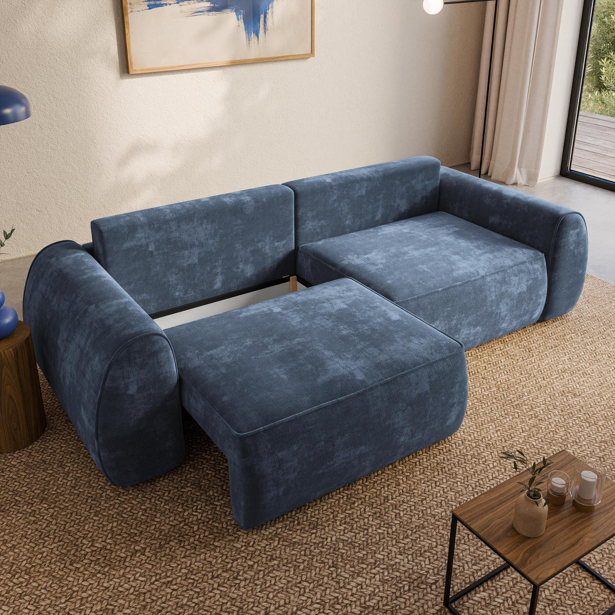 BETTSOFA ZEFEO Blau Chenille-Stoff mit Schlaffunktion - Blau, Textil (264/96/106cm) - MASSENO