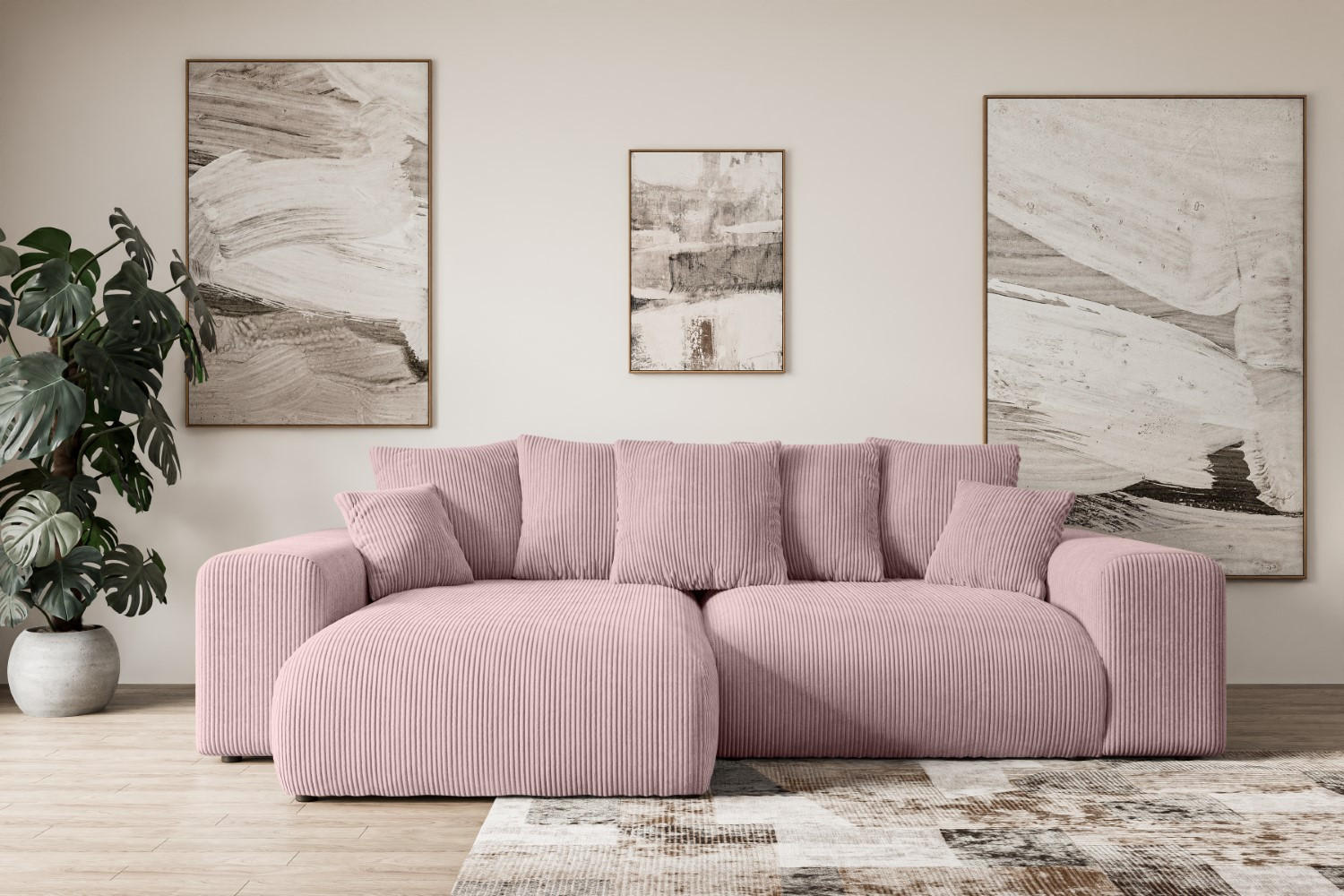 ECKSOFA mit Schlaffunktion und Bettkasten ESKAR-L 256x165x84cm Rosa Cord - Schwarz/Rosa, Holzwerkstoff/Kunststoff (256/165cm) - ALTDECOR