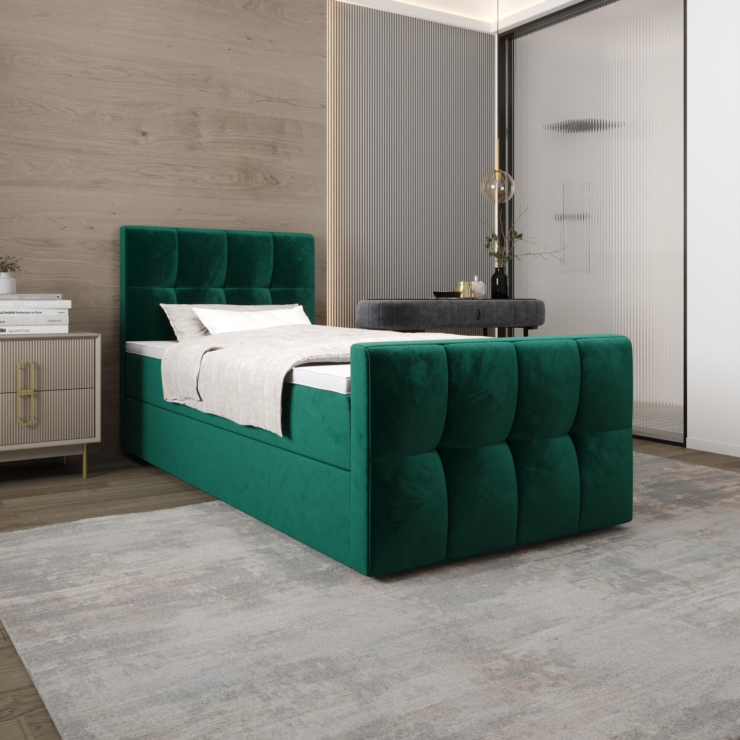 BOXBETT MANHATTAN mit Matratze H3, Bonell und Topper 100x200 Monolith 37 - Grün, Textil (100/200cm) - Bedante