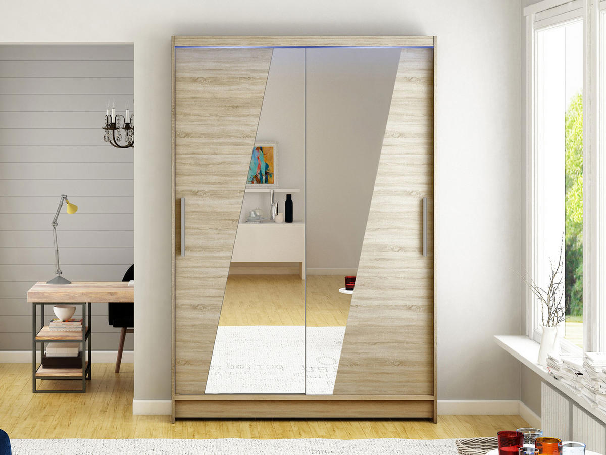 KLEIDERSCHRANK Miami VIII, mit RGB LED Beleuchtung - Silberfarben/Sonoma Eiche, Holzwerkstoff/Kunststoff (120/200/58cm) - MIRJAN24