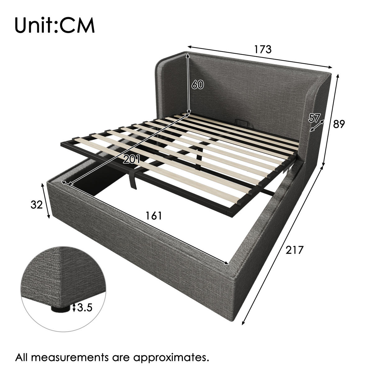 POLSTERBETT 160x200cm Doppelbett Hydraulik-Stauraum Leinen Bezug Grau - Grau, Holz - FLIEKS