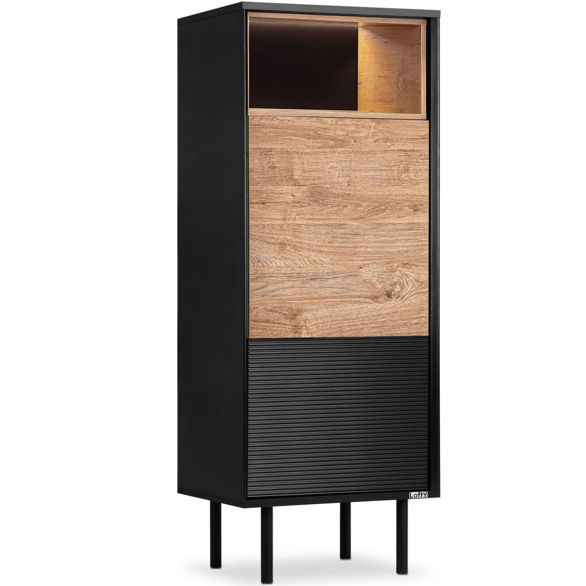 REGAL LOFTY mit Massivholzbeine, schwarz - Eichefarben/Multicolor, Holzwerkstoff (52/135/41cm) - KONSIMO®