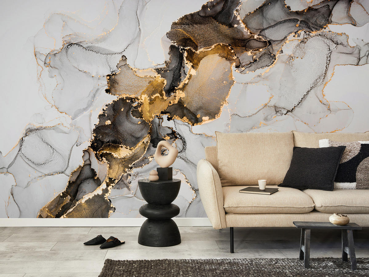 FOTOTAPETE für Badezimmer Moderner Grauer Marmor Gold Schwarz Imitation 400x280 - Beige/Grau, Papier (400/280cm) - Muralo