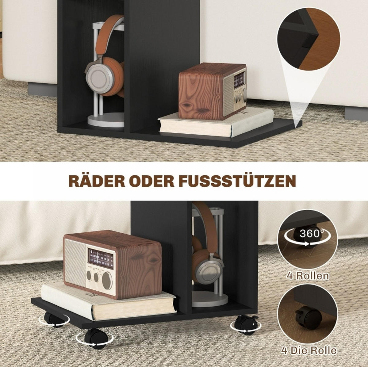 BEISTELLTISCH 30/40/69 cm schwarz aus Holz mit Rollen - Schwarz, Holz (30/40/69cm) - OKWISH