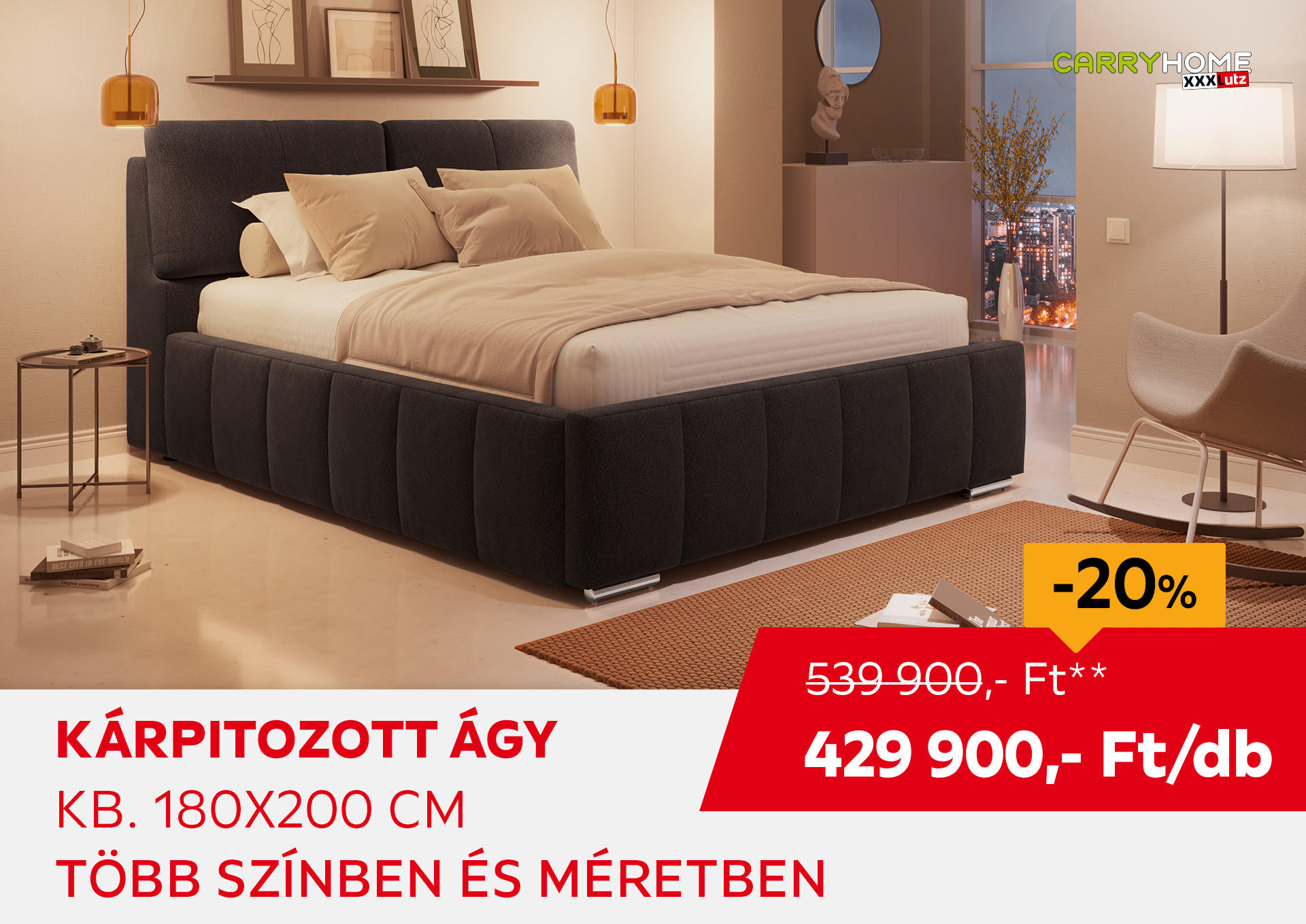 KÁRPITOZOTT ÁGY Kb. 180x200 cm Kiemelt termék 539900 Ft.- helyett 429900 Ft.-
