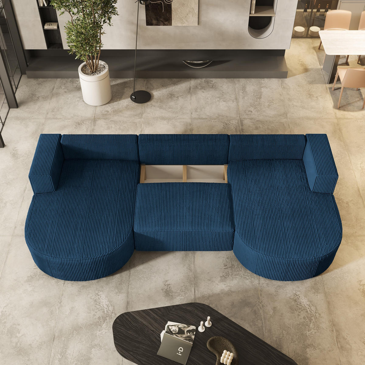 WOHNLANDSCHAFT VEZZO P Blau Kordstoff mit Schlaffunktion - Blau, Holz (347/85/174cm) - MASSENO