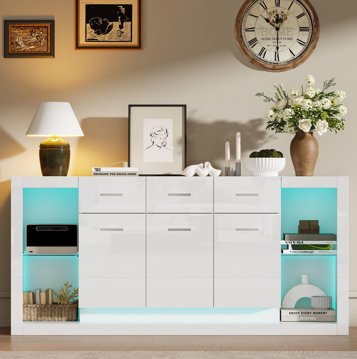 SIDEBOARD aus Spanplatte 160x40x75 cm Weiß mit LED-Beleuchtung, 3 Schubladen und 14 Fächern - Weiß, Holzwerkstoff (160/75/40cm) - IVMEU