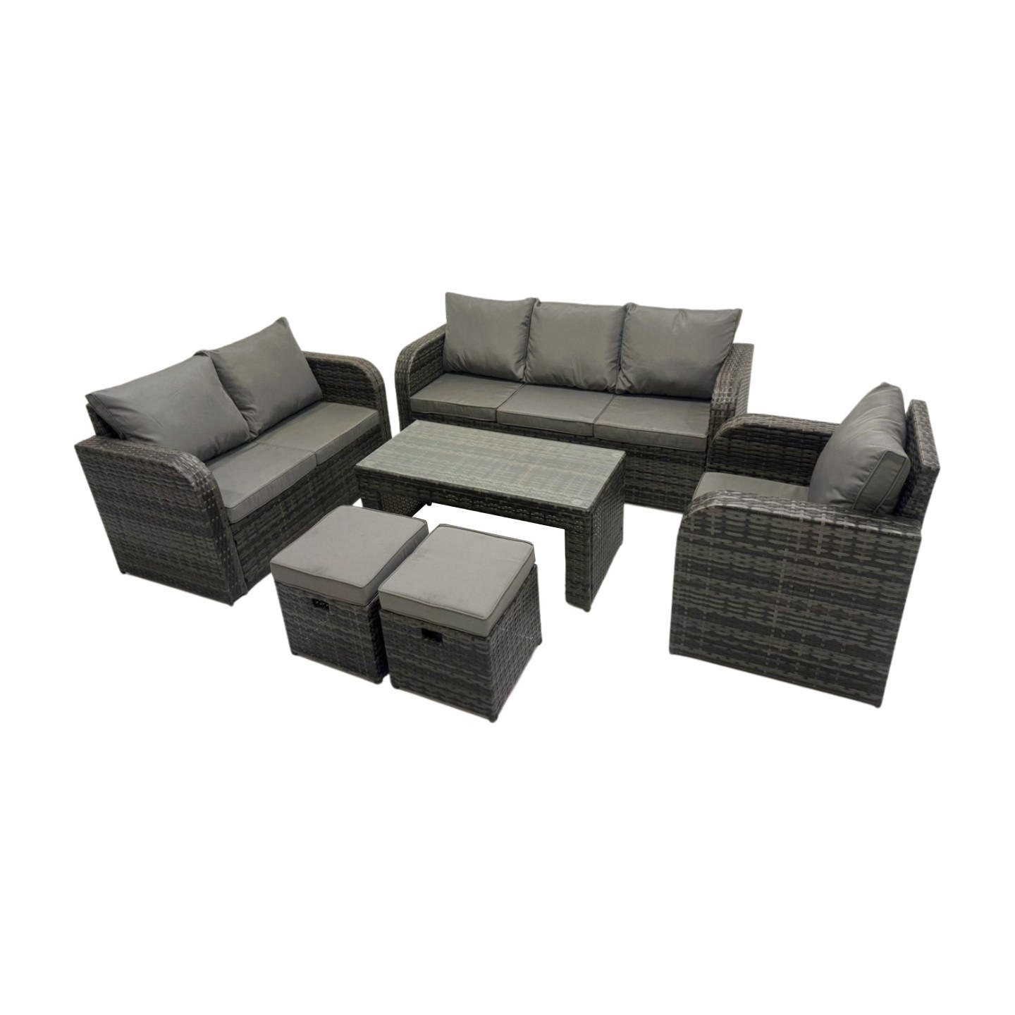 GARTENSOFA SET mit rechteckigem COUCHTISCH Polyrattan 8-Sitzer Dunkelgrau - Dunkelgrau/Grau, Glas/Kunststoff - Fimous