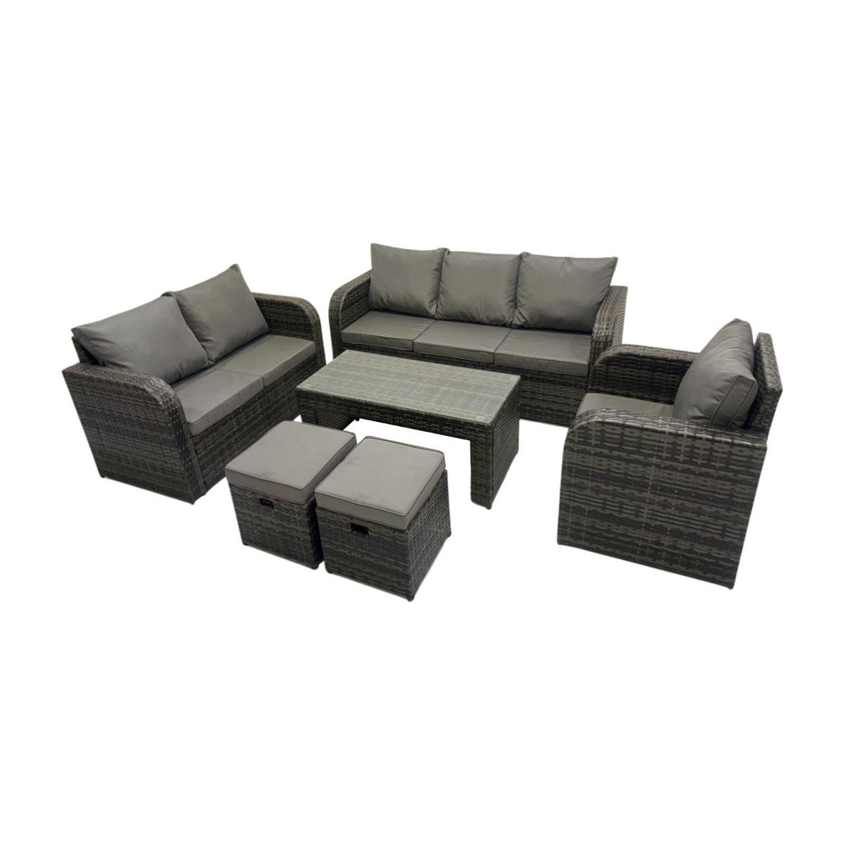 GARTENSOFA SET mit rechteckigem COUCHTISCH Polyrattan 8-Sitzer Dunkelgrau - Dunkelgrau/Grau, Glas/Kunststoff - Fimous