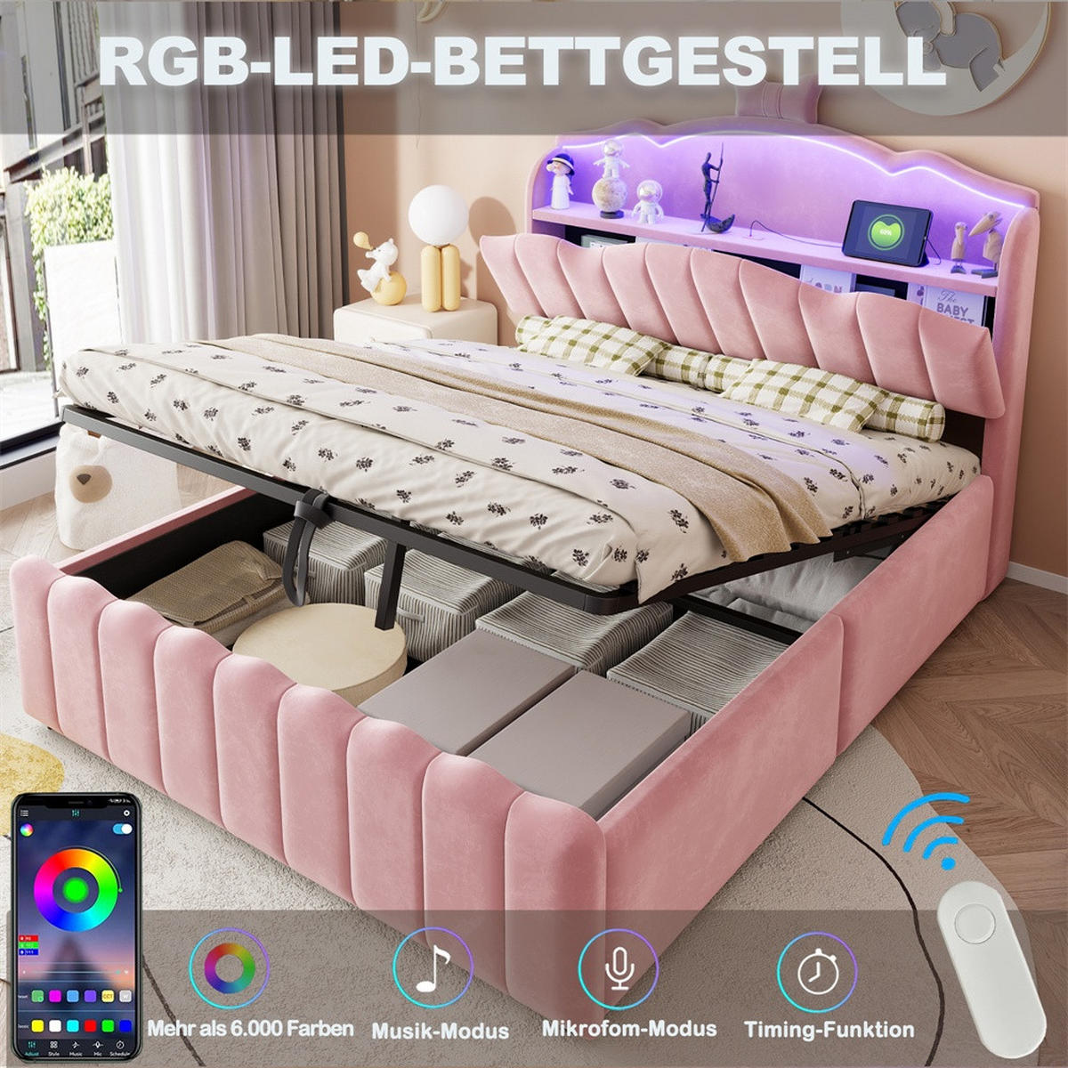 POLSTERBETT 140x200 cm mit hydraulischem Stauraum und LED Beleuchtung - 3USB - Anschlüsseund Typ-C - Rosa - Pink, Textil (140/200cm) - DELFA