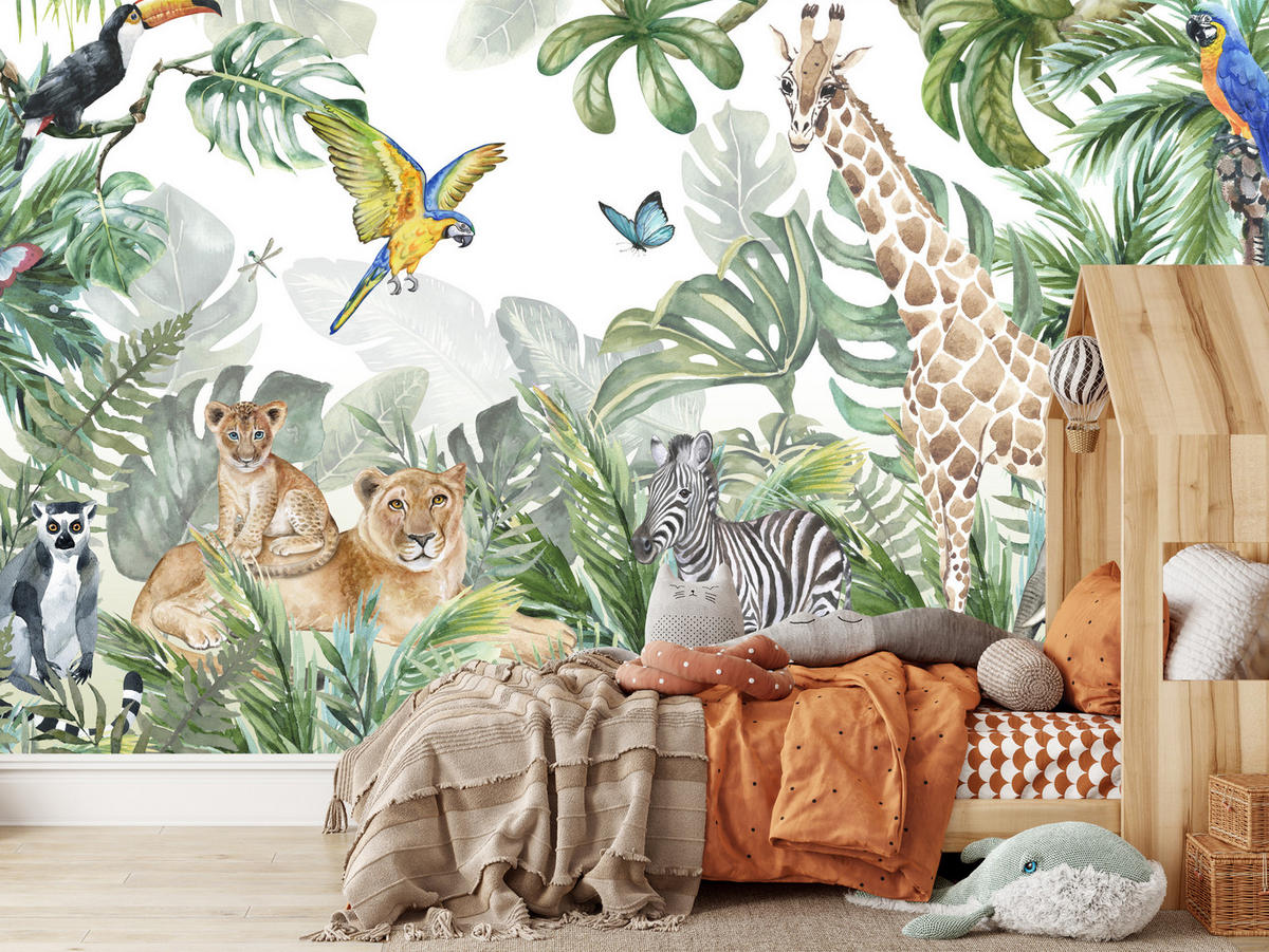 FOTOTAPETE für Kinderzimmer Tropen Dschungel Tiere Palmen Monstera 350x256 - Beige/Orange, Papier (350/256cm) - Muralo