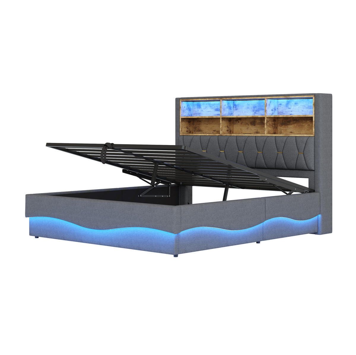 ČALÚNENÁ posteľ z ľanu a kovu 180x200 cm sivá s LED osvetlením, USB portom a hydraulickým úložným priestorom - sivá, kov (180/200cm) - Modfu