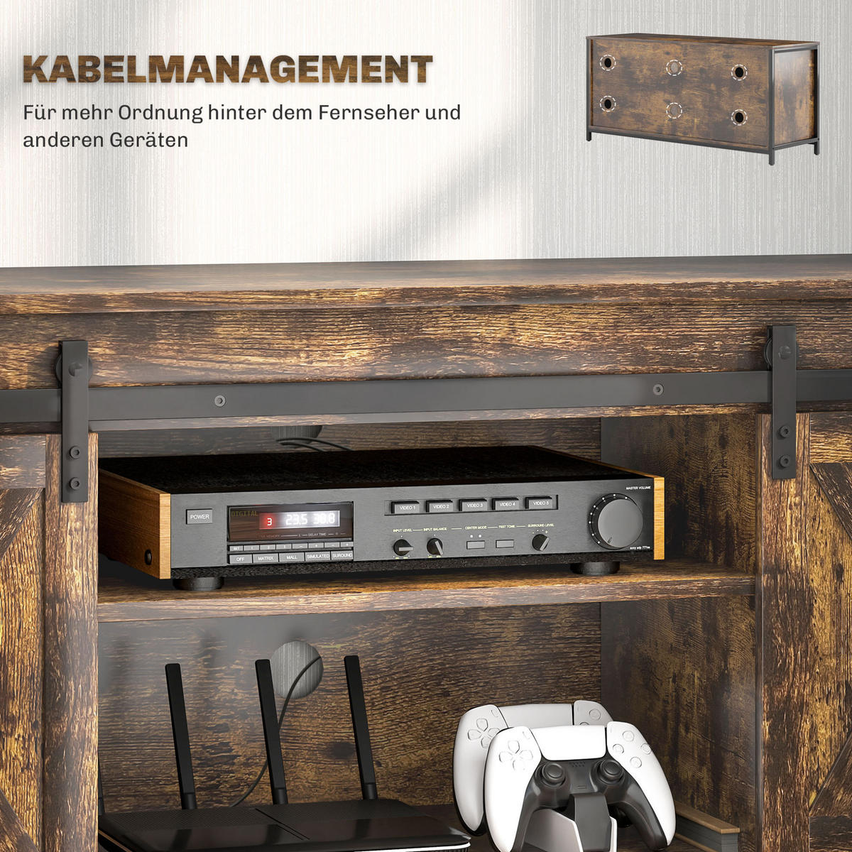 TV-LOWBOARD aus Sperrholz 120x40x54 cm Braun mit Schiebetüren, Kabelmanagement und 6 Fächern - Braun, Holzwerkstoff (120/54/40cm) - Modfu