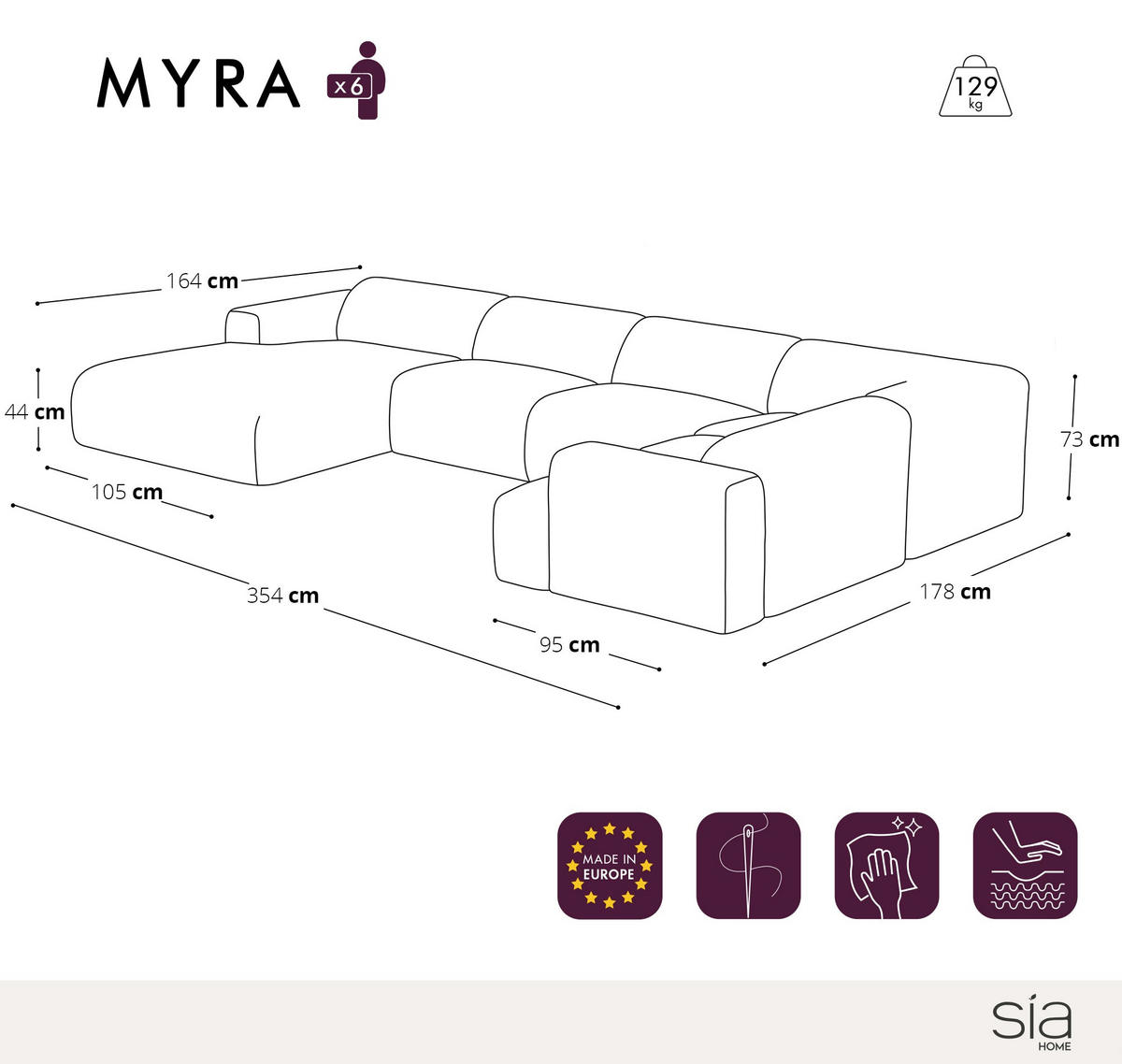 WOHNLANDSCHAFT Bouclé-Stoff Graphitgrau 354cm - Graphitfarben/Grau, Textil (354/164cm) - Sia Home