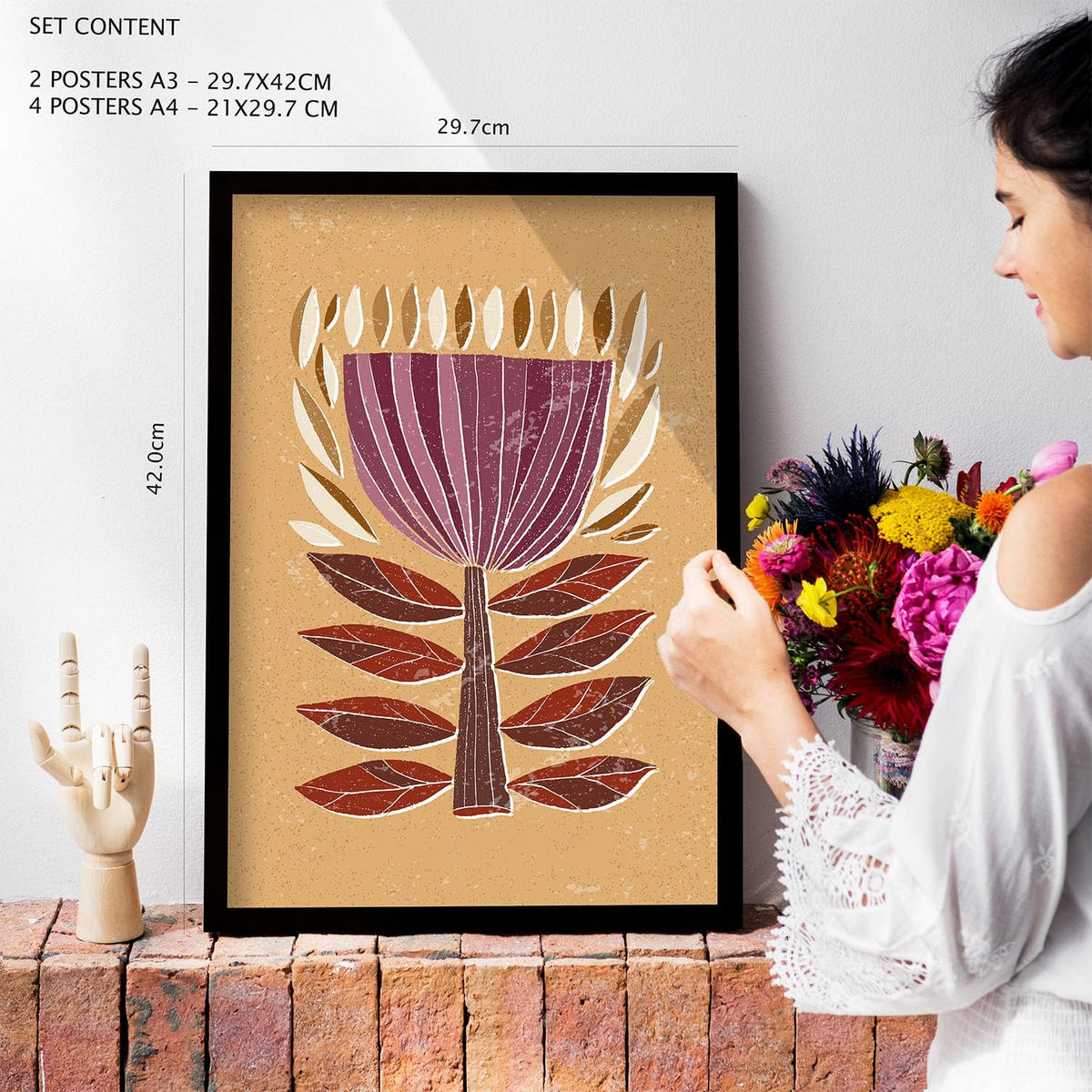 POSTER Set Mit 6 Drucken Von Blumen In Der Sammlung Ethnischere Ästhetische Dekorative Rahmen Für Ihr Zuhause Wandkunstdruck A3 & A4 Schwarzer Rahmen - Schwarz, Papier (29/3cm) - Nacnic