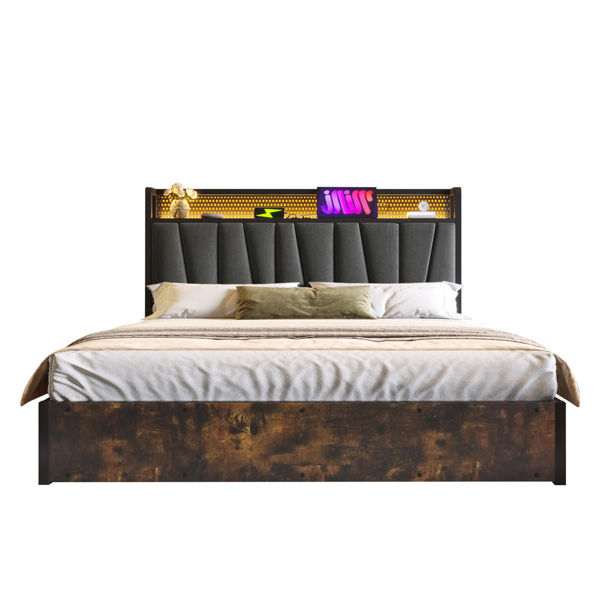 POLSTERBETT 140/200 cm mit Bettkasten, RGBW LED-Kopfteil & USB/Steckdosen, grau - Grau, Textil (140/200cm) - Redom