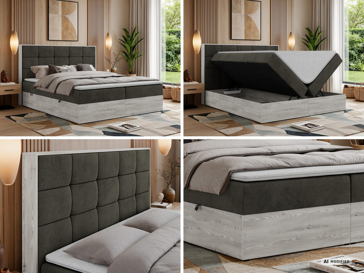 BOXSPRINGOVÁ POSTEĽ ALNOR 200/200 Tmavosivá Samet - Topper T25 - H3 (stredne tvrdý) - čierna/antracitová, textil/plast (200/200cm) - MKS