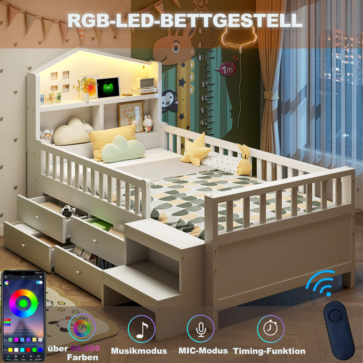 KINDERBETT 90/200 cm mit LED-Beleuchtung, USB- und Typ-C-Anschluss, 4 Schubladen und Treppe, Weiß - Weiß, Holzwerkstoff (90/200cm) - Redom