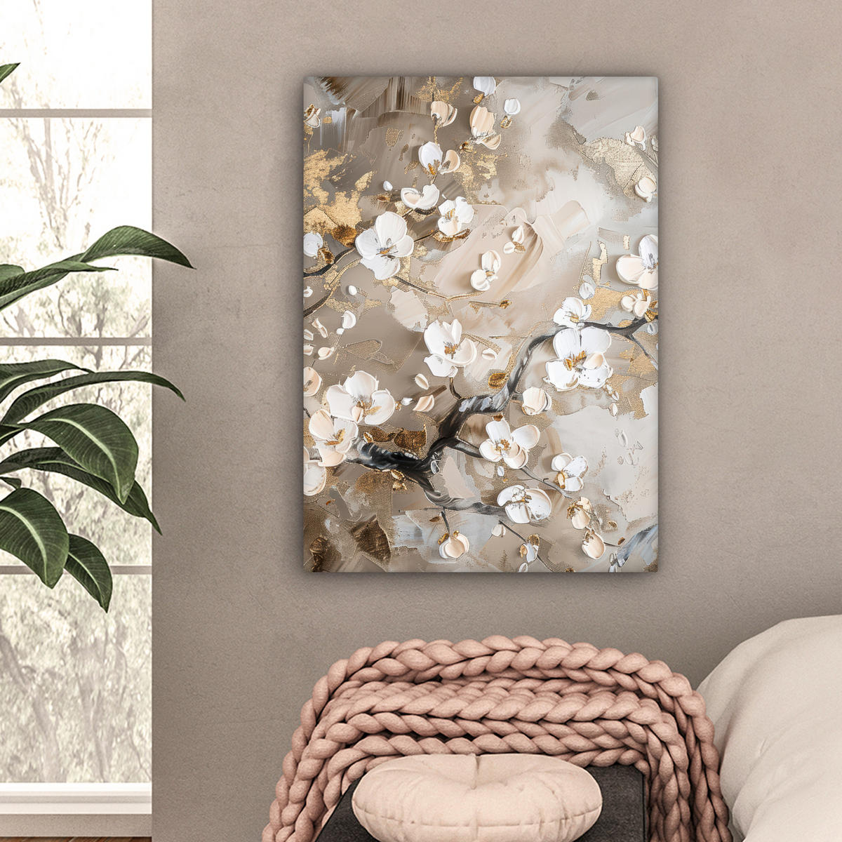 LEINWANDBILD - Blumen - Weiß - Gold - Beige - Luxus - 60x80 - Gemälde - Greige, Textil (60/80cm) - MuchoWow