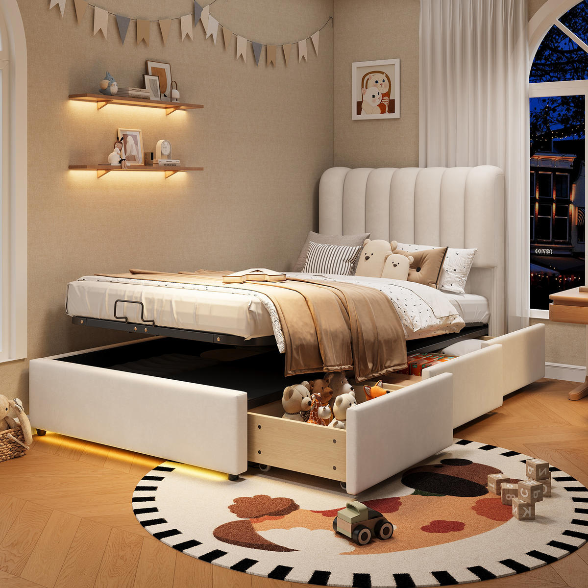 STAURAUMBETT 90/200 cm DE-32718 mit mit hydraulischem Stauraum und LED Beige - Beige, Holzwerkstoff (90/200cm) - ComfortXL