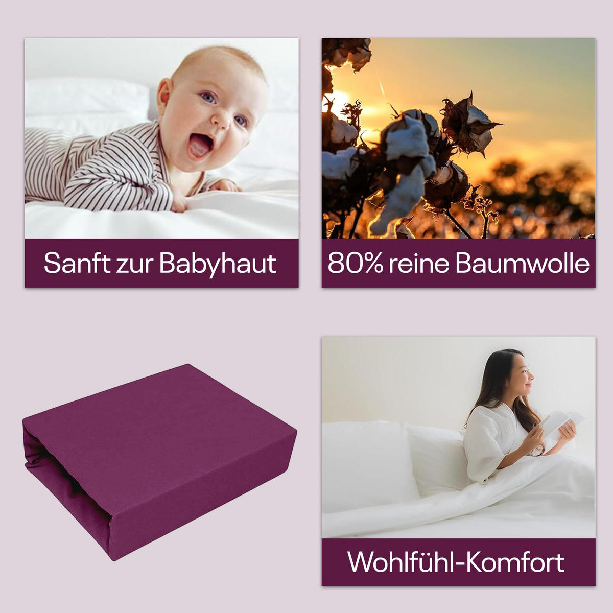 SPANNBETTLAKEN 200/220 cm, Jersey Elastisch 100 % Baumwolle Pflaume - Pflaume, Textil (200/220cm) - Best For Home