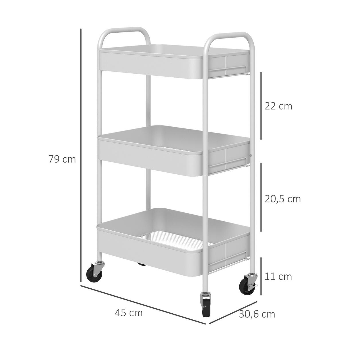 SERVIERWAGEN Rollwagen mit 3 Etagen, für Küche, Wohnzimmer, Stahl, Weiß - Weiß, Metall (30.6/79/45cm) - HOMCOM