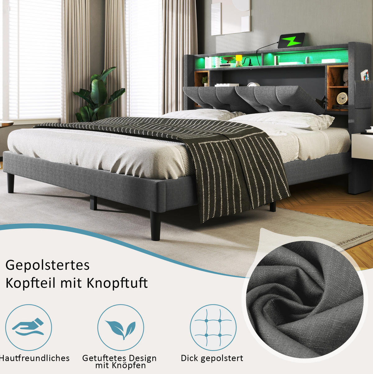POLSTERBETT 140/200 cm Grau aus Massivholz mit Stauraum-Kopfteil - Grau, Holz (140/200cm) - OKMYHOME