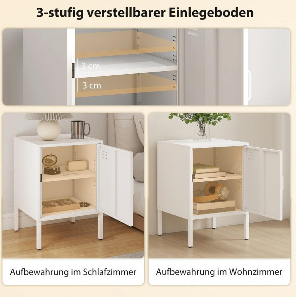 NACHTTISCH 40/40/56 cm Weiß aus Stahl mit verstellbarem Regal - Weiß, Metall (40/56/40cm) - OKWISH