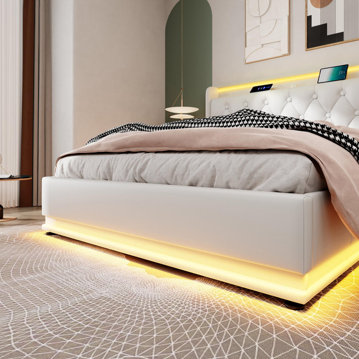 POLSTERBETT 160/200 cm mit LED-Beleuchtung, USB Typ-C und hydraulischem Bettkasten aus PU, Weiß - Grau, Textil (160/200cm) - Redom