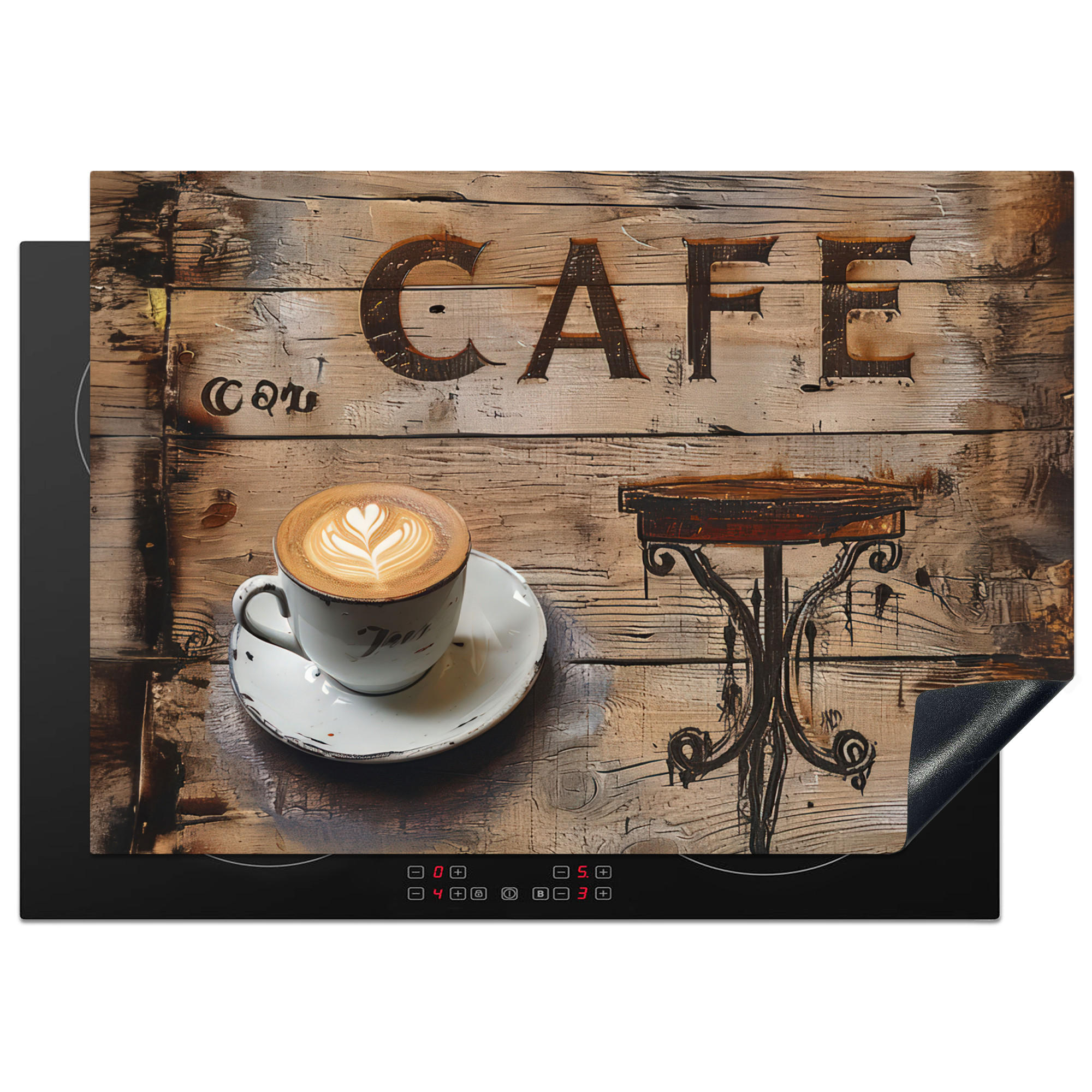 HERDABDECKPLATTE Cafe - Holz - Kaffee - Regale Herdabdeckung Induktionsfeld 75x52 cm - Schwarz, Kunststoff (75/52/0.2cm) - MuchoWow