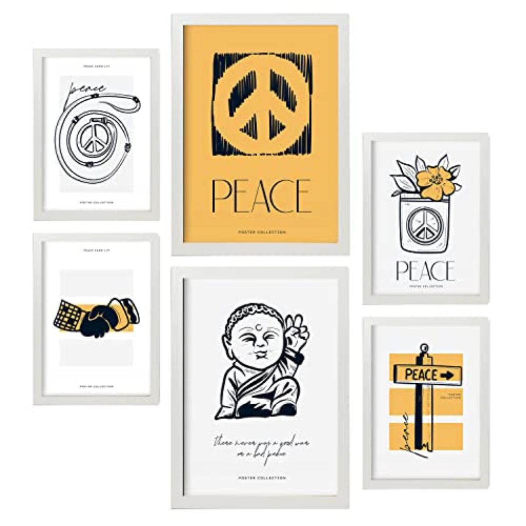 POSTER Set Mit 6 In Schwarzer Tinte Friedenszeichen Kunstdrucke Von Meer Und Ozean Für Innenarchitektur A3 & A4 Weißer Rahmen - Weiß, Papier (29/3cm) - Nacnic
